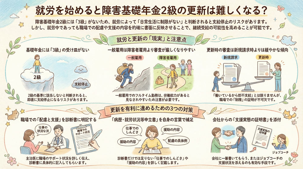 就労を始めると障害基礎年金2級の更新は難しくなりますか?