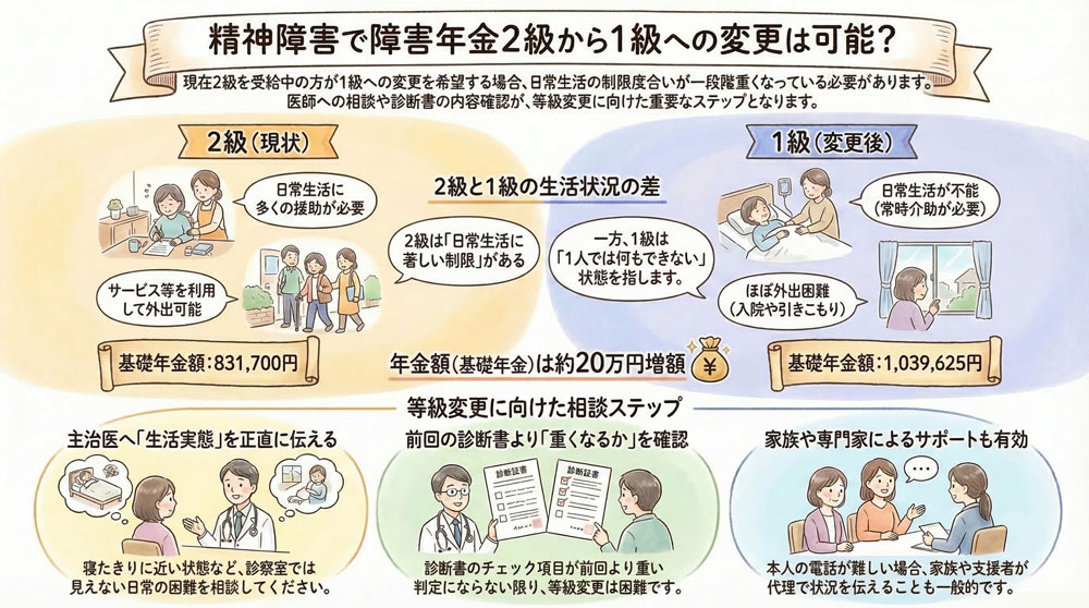 精神障害で障害年金2級から1級への変更は可能?