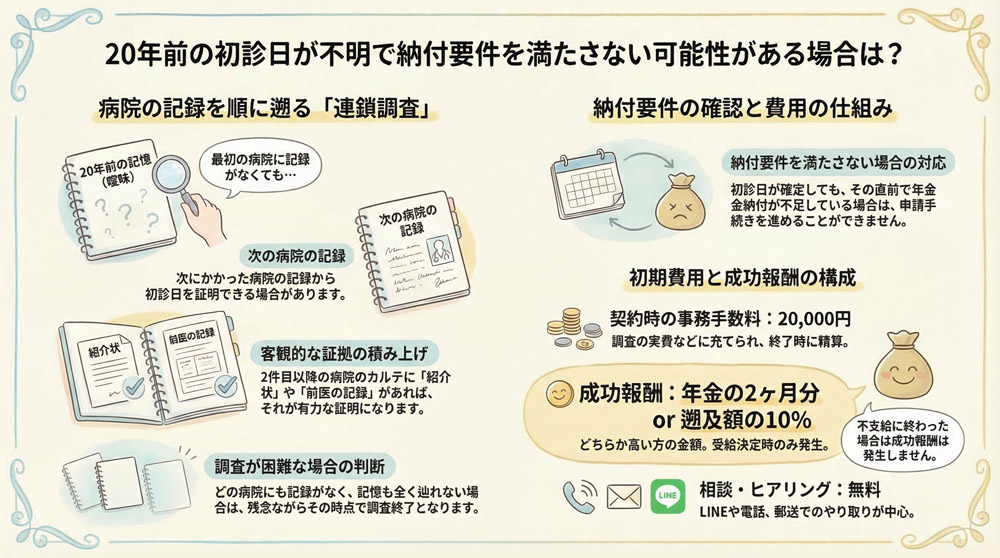 20年前の初診日が不明で納付要件を満たさない可能性がある場合の申請は?