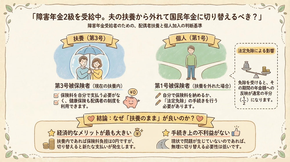 障害年金2級を受給中。夫の扶養から外れて国民年金に切り替えるべき?