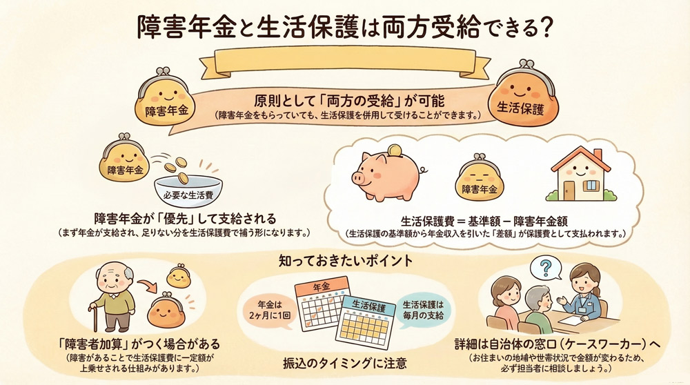 障害年金と生活保護は両方受給できる?受給中の仕組みと注意点について