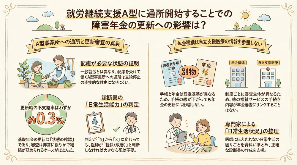 就労継続支援A型に通所開始することでの障害年金の更新への影響は?