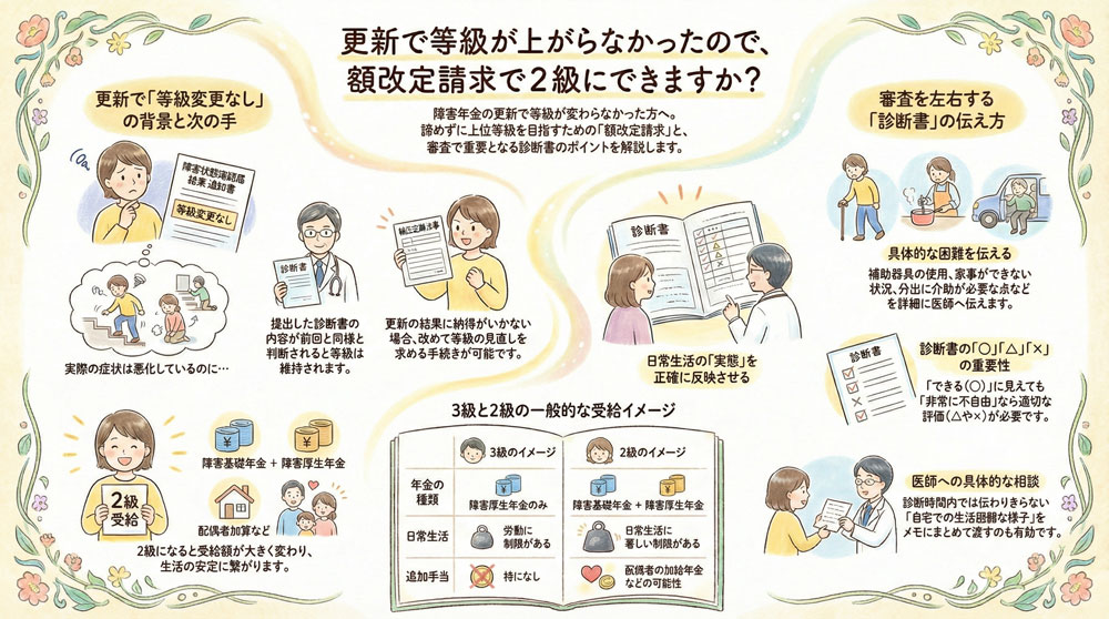 更新で3級から2級に上がらなかったので、額改定請求で2級にできますか?