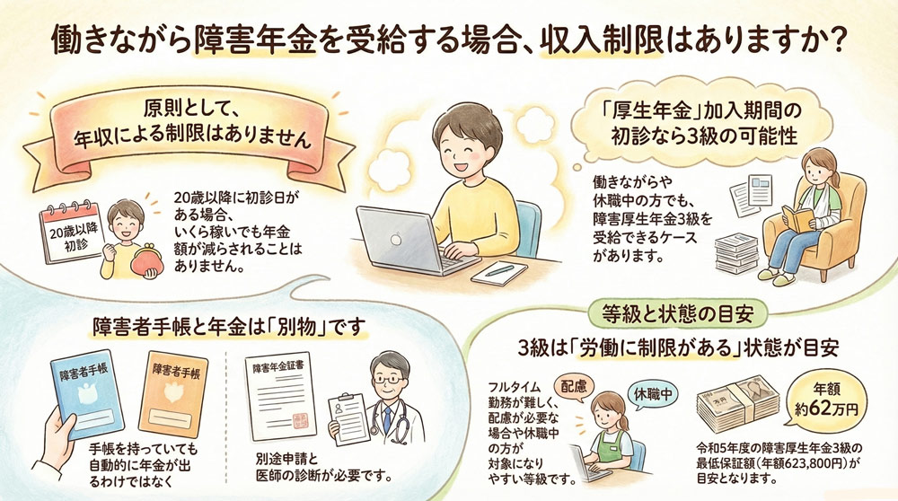 働きながら障害年金を受給する場合、収入制限はありますか?