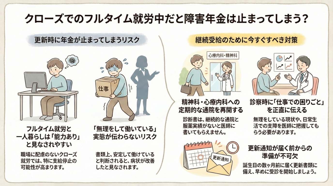 クローズでのフルタイム就労中だと障害年金は止まってしまう?