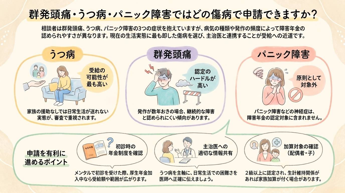 群発頭痛・うつ病・パニック障害ではどの傷病で申請できますか?