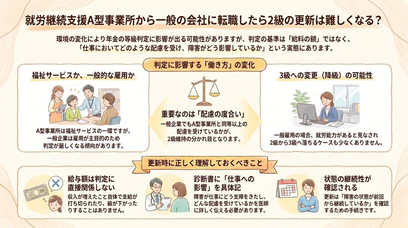 就労継続支援A型事業所から一般の会社に転職したら2級の更新は難しくなる?