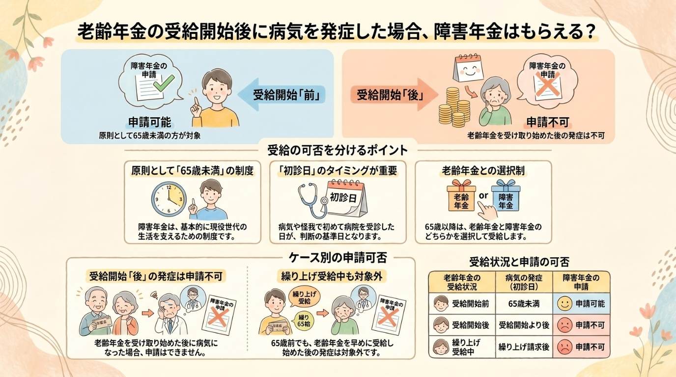 老齢年金の受給開始後に病気を発症した場合、障害年金はもらえる?