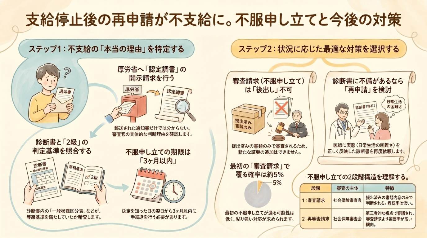 支給停止後の再申請(支給停止事由消滅届)が不支給に。不服申し立てと今後の対策