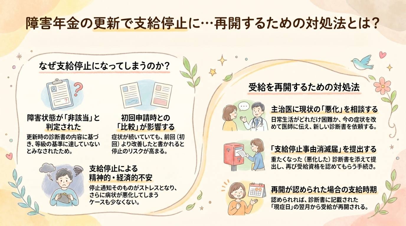 障害年金の更新で支給停止に…再開するための対処法とは?