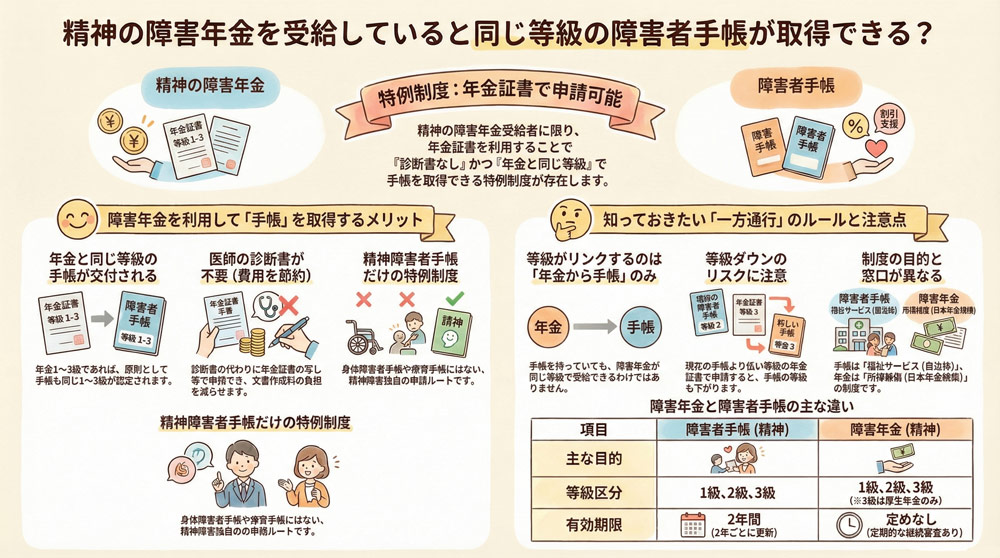 精神の障害年金を受給していると同じ等級の障害者手帳が取得できる?