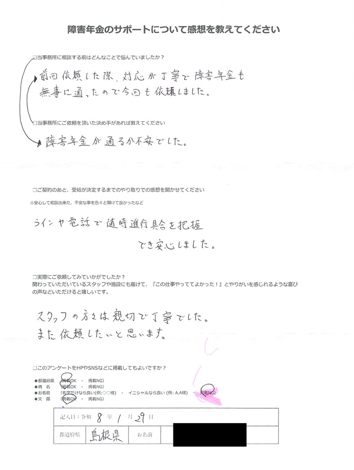「うつ病」での障害年金申請のご依頼を頂いた匿名 様(島根県)からのご感想