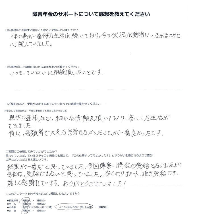 「腰椎ヘルニア・脊柱管狭窄症」での障害年金申請のご依頼を頂いたI.K 様(京都府)からのご感想