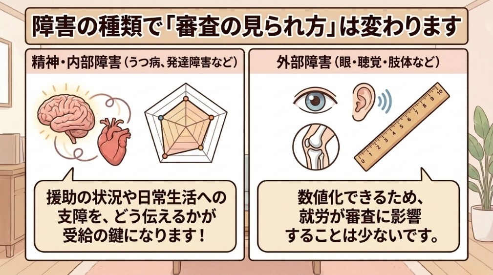 障害の種類別|就労が審査に与える影響度