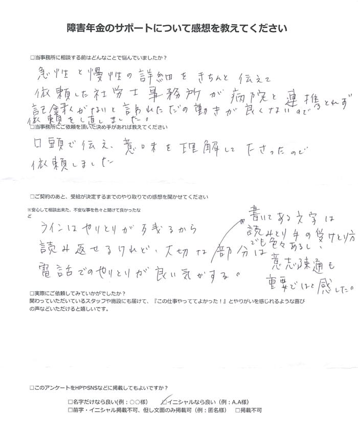 【障害年金申請者様の声】Ｉ．Ｔ 様（2024年5月25日）