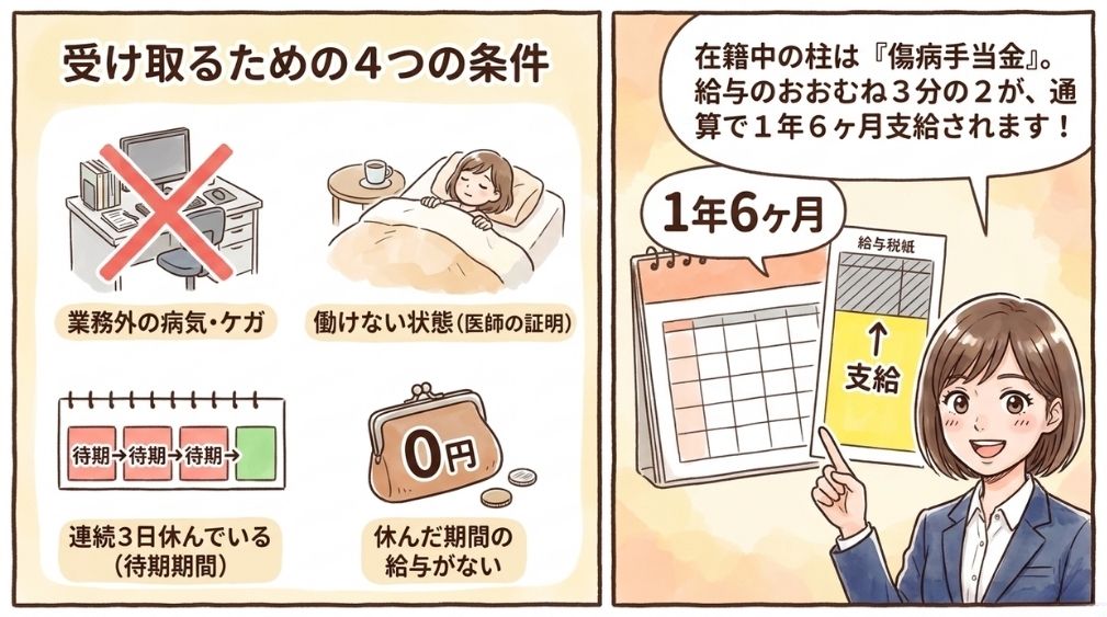 【在籍中】傷病手当金|給与のおおむね3分の2を通算1年6か月