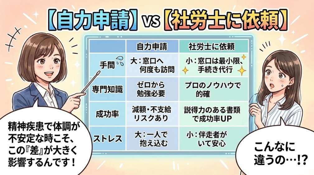 「自力で申請」と「 社労士に依頼」を比較