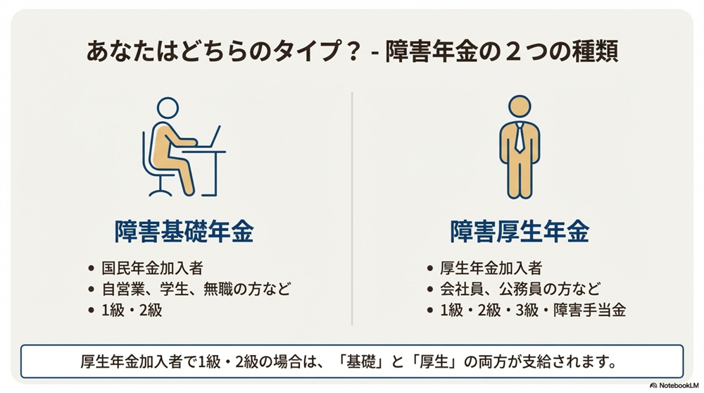 障害年金の種類(基礎年金と厚生年金)