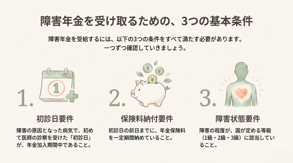障害年金を受給できる3つの条件(受給要件)