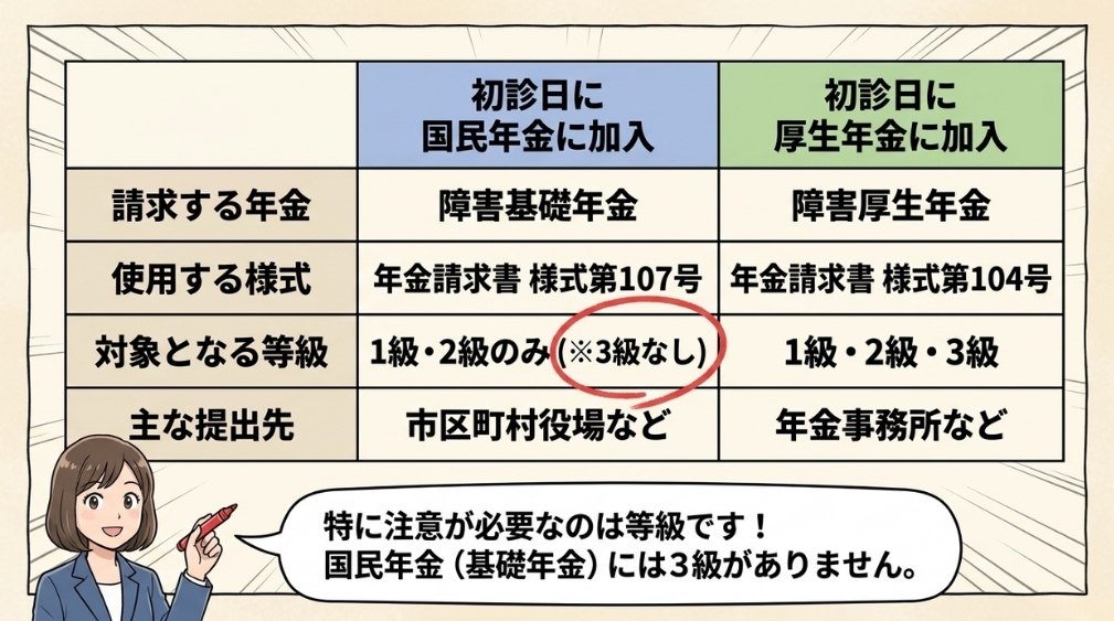初診日が国民年金か厚生年金かで異なる点・提出先