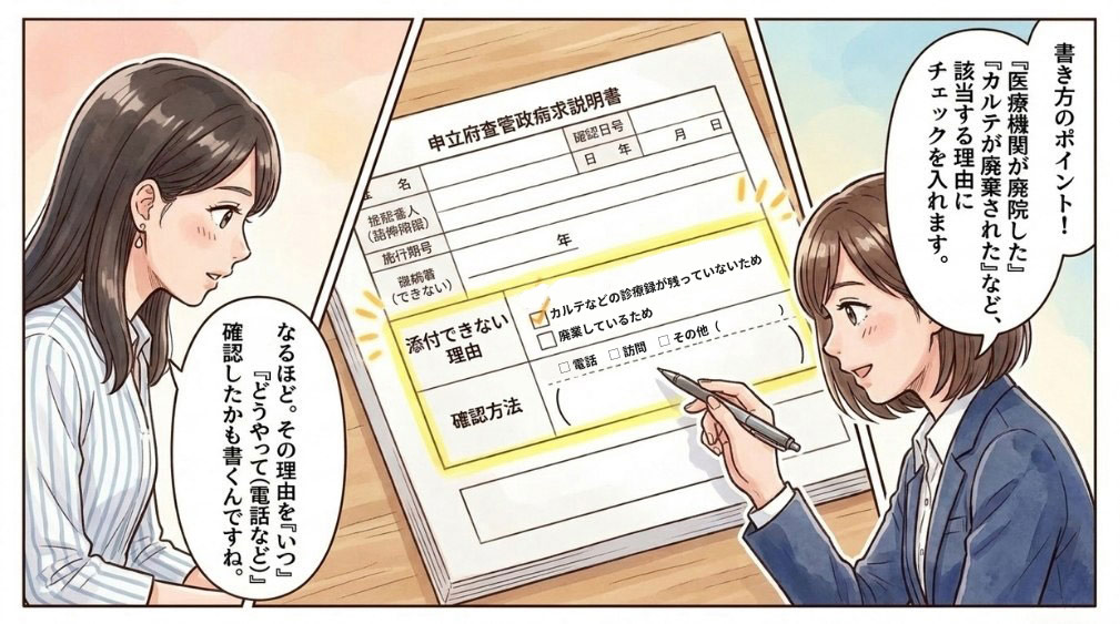 「添付できない理由」と「確認方法」の記入