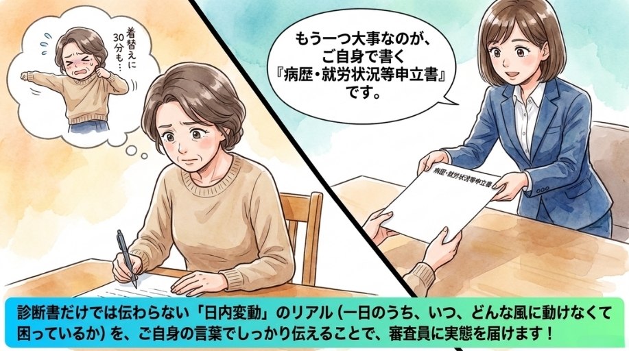 病歴・就労状況等申立書で症状の経過と日内変動を伝えます