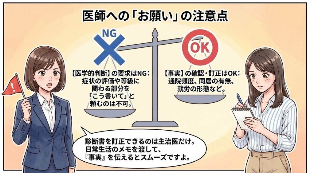 診断書の訂正を主治医に依頼するときは、事実の部分を伝えます