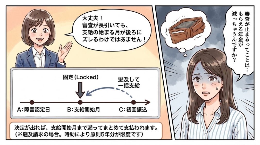 審査が長引いても、支給の始まる月が後ろにずれるわけではありません